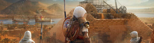 Bayek of Siwa from Assassin's Creed Origins posing in an ancient Egyptian landscape. Dual UHD computer backgrounds