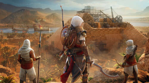 Bayek of Siwa from Assassin's Creed Origins posing in an ancient Egyptian landscape. 8K free background images
