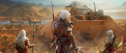 Bayek of Siwa from Assassin's Creed Origins posing in an ancient Egyptian landscape. UWUHD high definition wallpaper