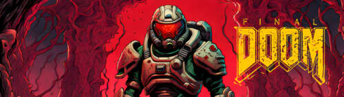 Doomguy from the Doom video game series standing amidst a dark and hellish landscape. Dual UHD wallpaper