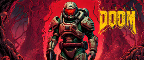 Doomguy from the Doom video game series standing amidst a dark and hellish landscape. UWUHD background images hd