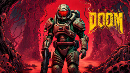 Doomguy from the Doom video game series standing amidst a dark and hellish landscape. 4K (Ultra HD) wallpaper for laptop download