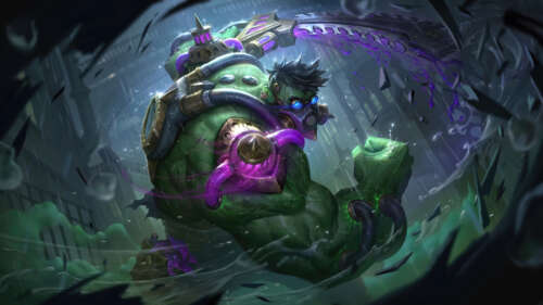 Dr. Mundo from League of Legends surrounded by toxic green chemical vapors. 8K high definition wallpaper