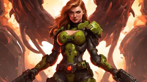 A female warrior in heavy combat armor wielding a large firearm against a demon,... 8K ps4 wallpaper