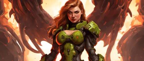 A female warrior in heavy combat armor wielding a large firearm against a demon,... UWUHD hd background
