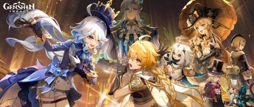 A group portrait of Furina, Lyney, Lynette, and Neuvillette from the video game Genshin... UWUHD hd background
