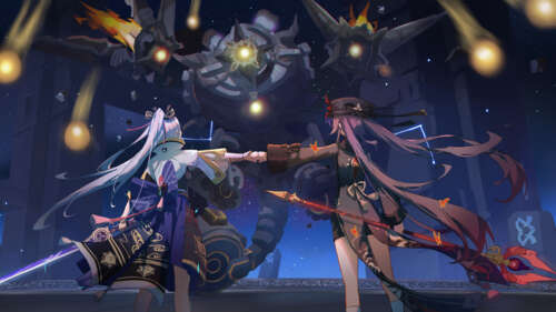 An artistic depiction of Kamisato Ayaka and Hu Tao, characters from Genshin Impact. 4K (Ultra HD) background images hd