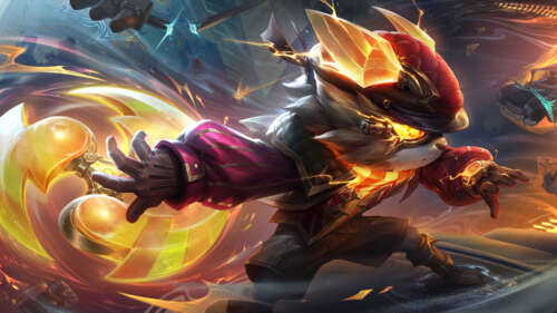 An action-oriented illustration of Kennen from League of Legends featuring electric... 8K free wallpaper for computer