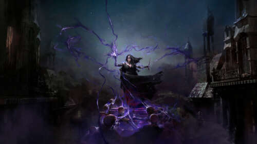 An imposing Necromancer from Path of Exile 2 casting dark, shadowy spells surrounded... 8K free hd wallpapers