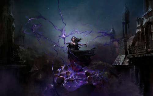 An imposing Necromancer from Path of Exile 2 casting dark, shadowy spells surrounded... 7680x4800 hd background