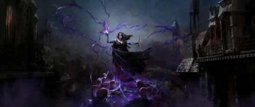 An imposing Necromancer from Path of Exile 2 casting dark, shadowy spells surrounded... UWUHD free desktop wallpaper