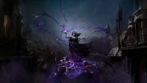 An imposing Necromancer from Path of Exile 2 casting dark, shadowy spells surrounded... 4K (Ultra HD) high definition wallpaper