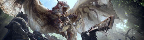 A cinematic shot of a hunter preparing for battle against the dragon Rathalos from... Dual UHD wallpaper