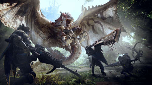 A cinematic shot of a hunter preparing for battle against the dragon Rathalos from... 8K wallpaper for pc download