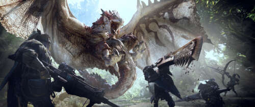 A cinematic shot of a hunter preparing for battle against the dragon Rathalos from... UWUHD pictures for wallpaper