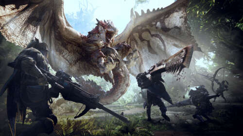 A cinematic shot of a hunter preparing for battle against the dragon Rathalos from... 4K (Ultra HD) wallpaper for laptop download