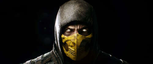 Scorpion from Mortal Kombat wearing his iconic yellow ninja armor and mask. UWUHD free hd wallpapers