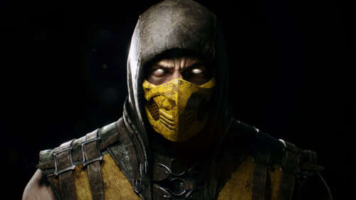 Scorpion from Mortal Kombat wearing his iconic yellow ninja armor and mask. 8K wallpaper photo gallery download