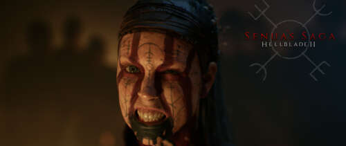 A dramatic and highly detailed close-up of Senua from the video game Senua's Saga:... UWUHD wallpaper