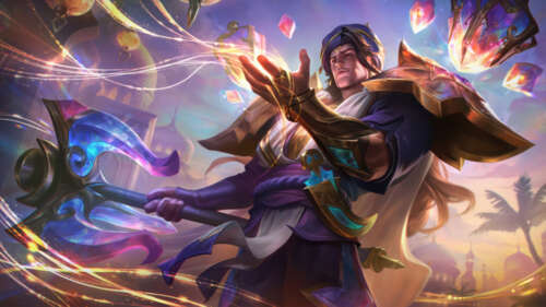 A cinematic illustration of Taric from League of Legends depicted as a powerful wizard... 4K (Ultra HD) hd background