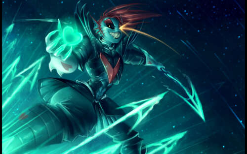 Undyne the Undying from Undertale wearing armor with red hair and a red heart symbol. 7680x4800 ps4 wallpaper
