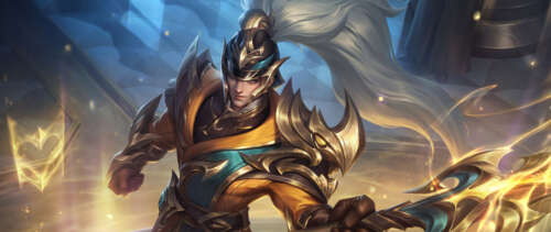 Xin Zhao from League of Legends posing with his signature spear lance. UWUHD wallpaper download