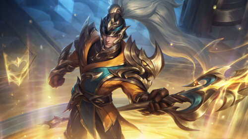 Xin Zhao from League of Legends posing with his signature spear lance. 4K (Ultra HD) wallpaper photo gallery download