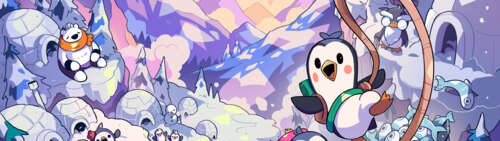 Two cute penguins tied together by a rope climbing a snowy mountain, characters from... Dual UHD computer backgrounds