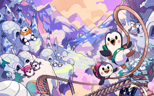 Two cute penguins tied together by a rope climbing a snowy mountain, characters from... 7680x4800 free wallpaper