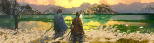 Isshin Ashina from Sekiro: Shadows Die Twice during a moment of joyful reunion. Dual UHD high definition wallpaper