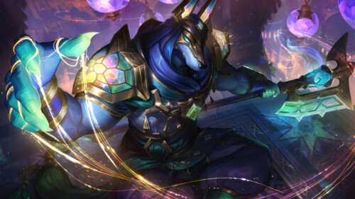 An epic illustration of Nasus, the Curator of the Sands, from League of Legends. 8K hd background