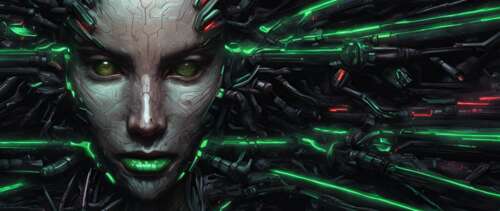 A biomechanical close-up of Shodan from System Shock, featuring glowing neural pathways... UWUHD free wallpaper
