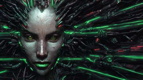 A biomechanical close-up of Shodan from System Shock, featuring glowing neural pathways... 8K pictures for wallpaper