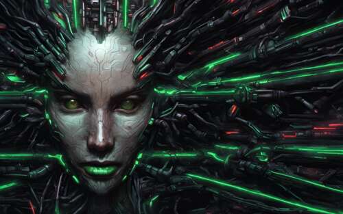 A biomechanical close-up of Shodan from System Shock, featuring glowing neural pathways... 7680x4800 computer backgrounds