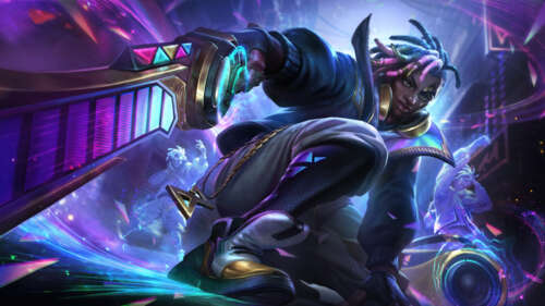 A high-detail digital illustration of Ekko from League of Legends featuring neon... 8K wallpaper