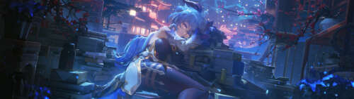 A highly detailed depiction of Ganyu from Genshin Impact, showcasing her signature... Dual UHD wallpaper images