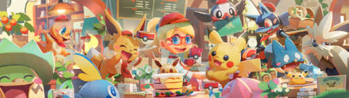 A heartwarming group of various Pokémon characters including Pikachu, Eevee, Lucario,... Dual UHD free desktop wallpaper