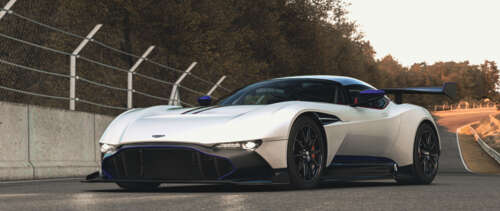 A close-up, dramatic view of the powerful Aston Martin Vulcan supercar. UWUHD pictures for wallpaper