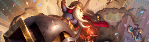 Corki from League of Legends piloting his signature aircraft in a dynamic combat... Dual UHD wallpaper for laptop download