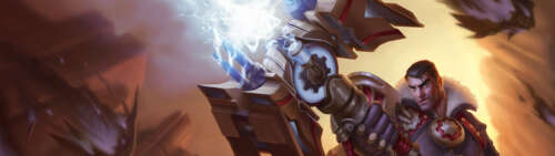 Jayce from League of Legends: Wild Rift wielding his signature Hextech hammer. Dual UHD computer backgrounds
