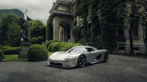 A detailed and sleek view of the Koenigsegg CC850 hypercar highlighting its aerodynamic... 4K (Ultra HD)
