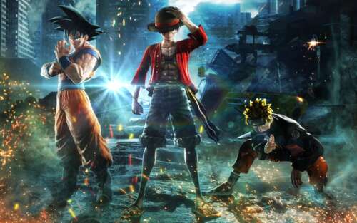Naruto Uzumaki, Monkey D. Luffy, and Goku standing together in a dramatic battle... 7680x4800 free hd wallpapers
