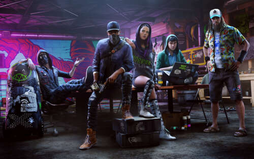 Marcus Holloway from the video game Watch Dogs 2 in a tech-focused urban environment. 7680x4800 desktop wallpaper