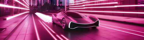 A high-tech futuristic car driving through a glowing neon cityscape at night. Dual UHD free hd wallpapers