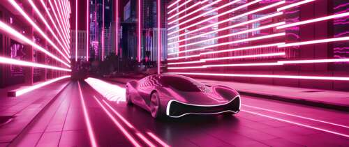 A high-tech futuristic car driving through a glowing neon cityscape at night. UWUHD wallpaper photo gallery download
