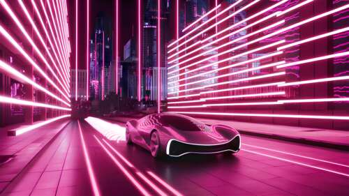 A high-tech futuristic car driving through a glowing neon cityscape at night. 4K (Ultra HD) desktop wallpaper