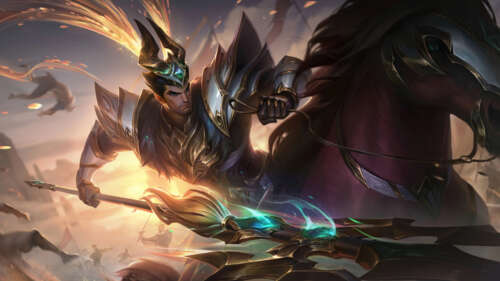 Jarvan IV from League of Legends wielding his signature spear in a dramatic pose 8K free wallpaper for computer