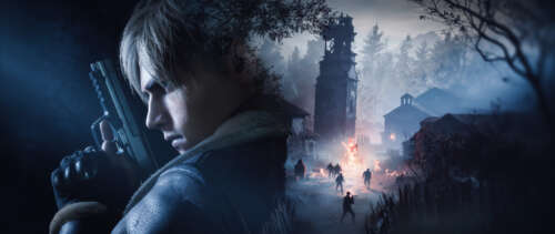 Leon S. Kennedy from Resident Evil 4 (2023) in a dark, moody survival horror setting. UWUHD wallpaper for laptop download