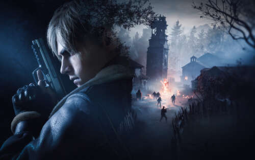 Leon S. Kennedy from Resident Evil 4 (2023) in a dark, moody survival horror setting. 7680x4800 pictures for wallpaper