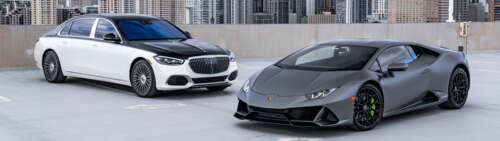 A detailed view of a luxurious Lamborghini Huracan supercar highlighting its aerodynamic... Dual UHD wallpaper images